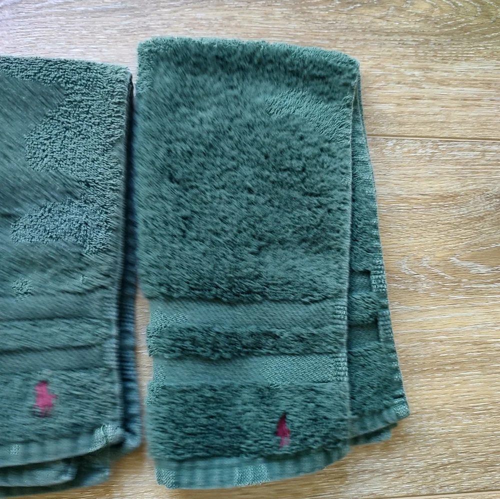 Ralph Lauren Home Vintage Polo Pony Green Hand Towels Set Of 3 Cotton USA Y2K
